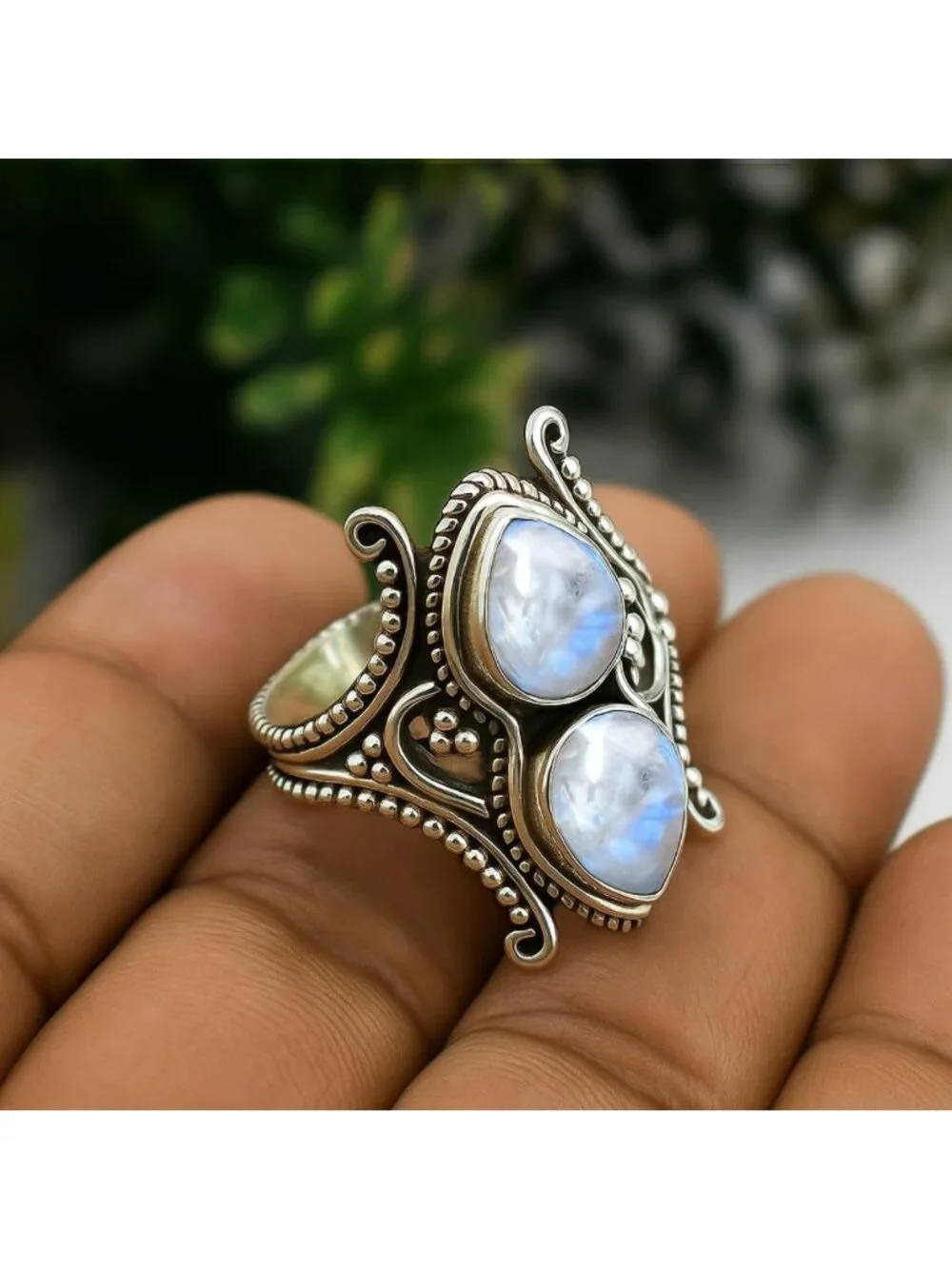 Bohemian Vintage 925 Sterling Silver Double Pear Cabochon Statement Ring